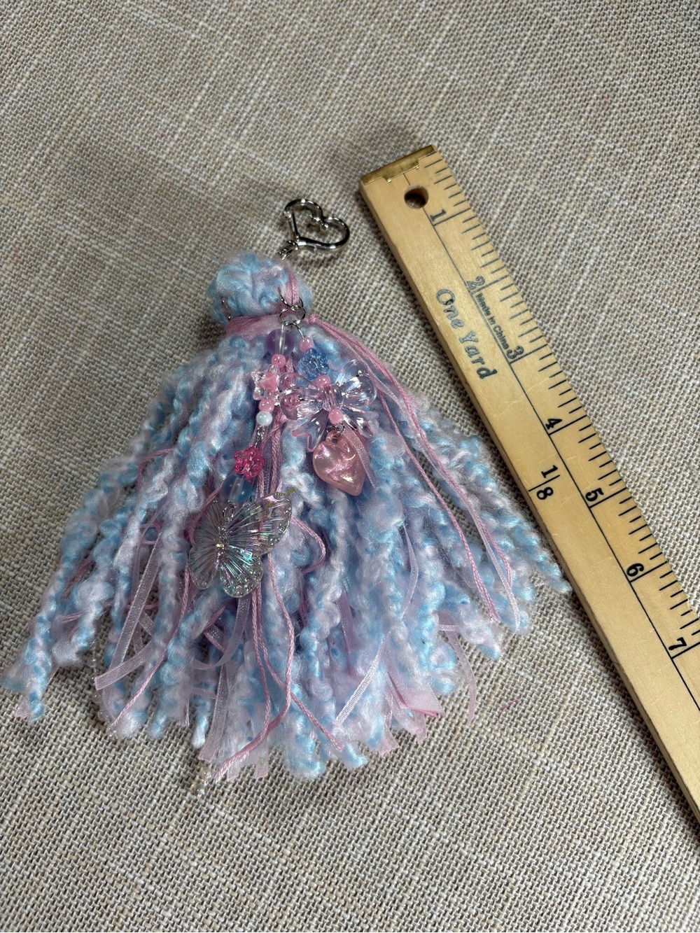 Hand Crafted Pastel Blue & Pink Tassel Keychain with Butterfly & Heart Charms - Picture 2 of 10